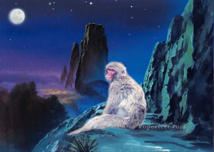 青空の下の猿のリアルなオリジナル油絵